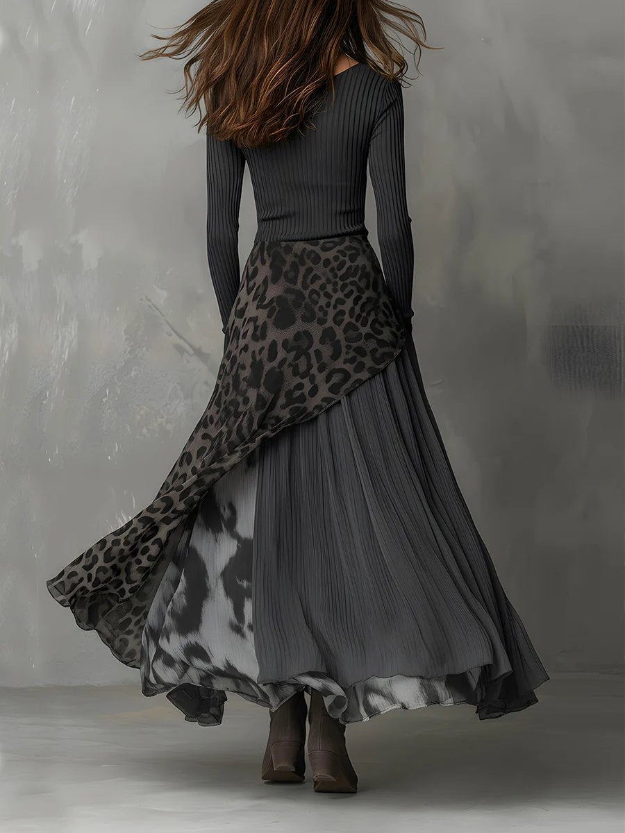 Women's leopard-print ribbed-knit maxi dress with long sleeves and asymmetric hem, by Homixa, shown on a model.