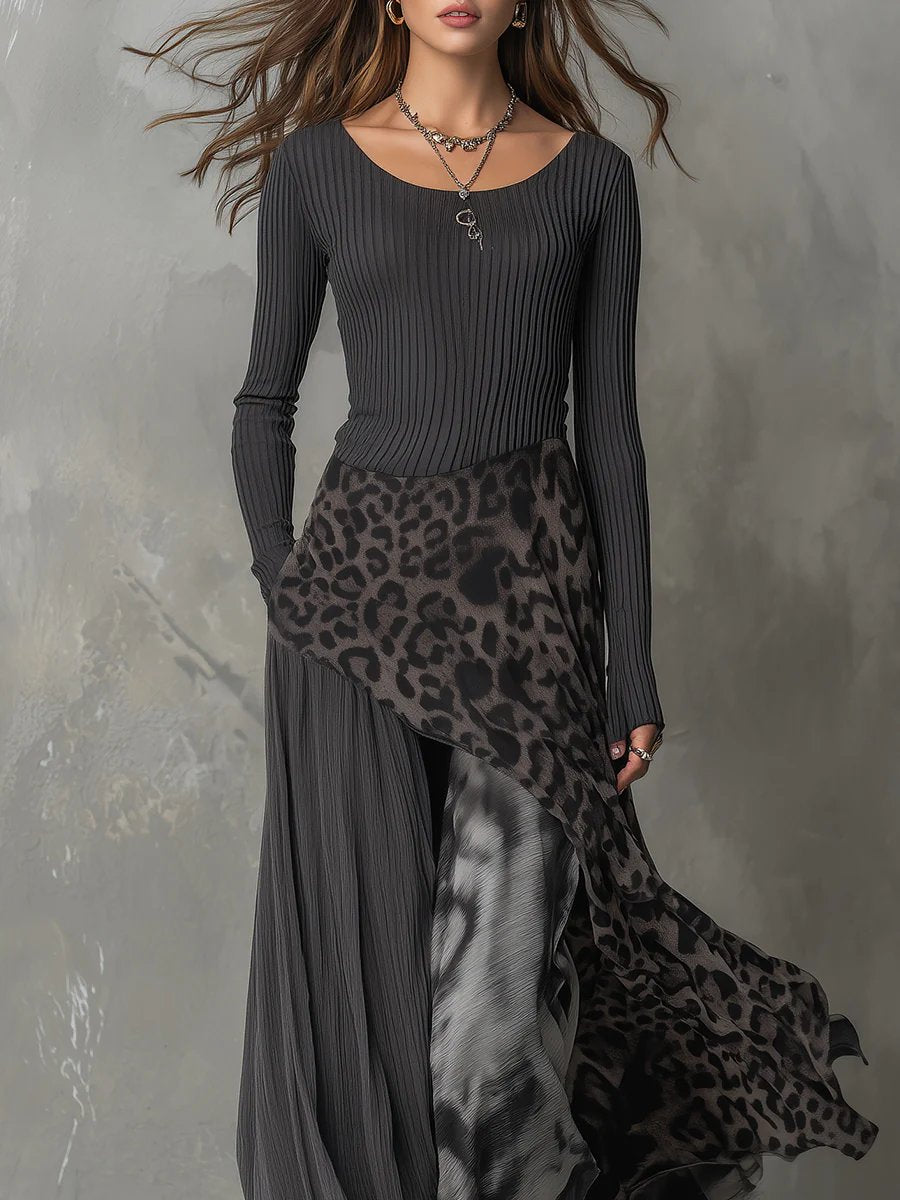 Women's leopard-print ribbed-knit maxi dress with long sleeves and asymmetric hem, designed by Homixa.