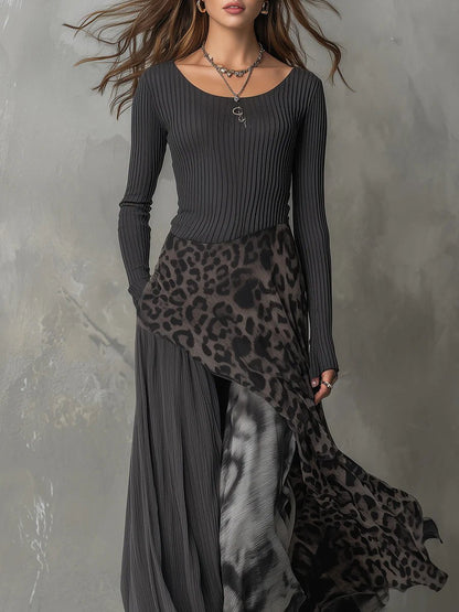 Women's leopard-print ribbed-knit maxi dress with long sleeves and asymmetric hem, designed by Homixa.