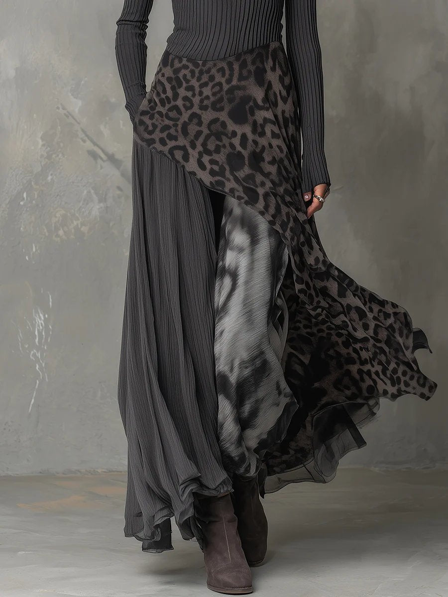 Women's leopard-print ribbed-knit maxi dress by Homixa featuring long sleeves and an asymmetric hem.