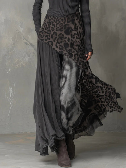 Women's leopard-print ribbed-knit maxi dress by Homixa featuring long sleeves and an asymmetric hem.