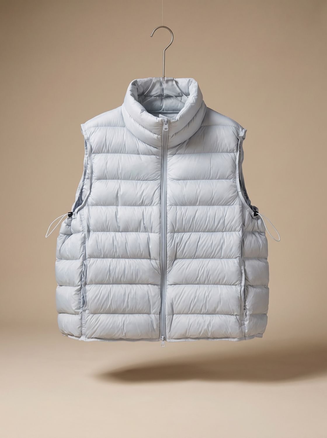 Women's lightweight sleeveless puffer vest by Homixa with stand collar and two-way zipper, displayed on a mannequin.