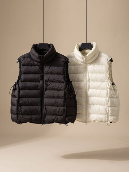 Women's lightweight sleeveless puffer vest by Homixa featuring a stand collar and two-way zipper, shown on a model.