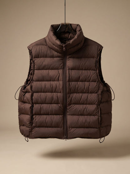 Women's lightweight puffer vest by Homixa featuring a stand collar, sleeveless design, and two-way front zipper.