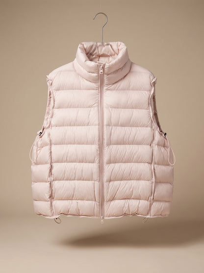 Women's lightweight sleeveless puffer vest by Homixa with stand collar and two-way zipper, shown on a model.