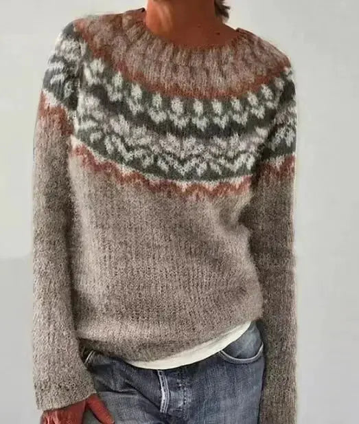 Women’s lightweight soft-knit sweater with crew neck and geometric yoke pattern by Homixa, shown on a model.