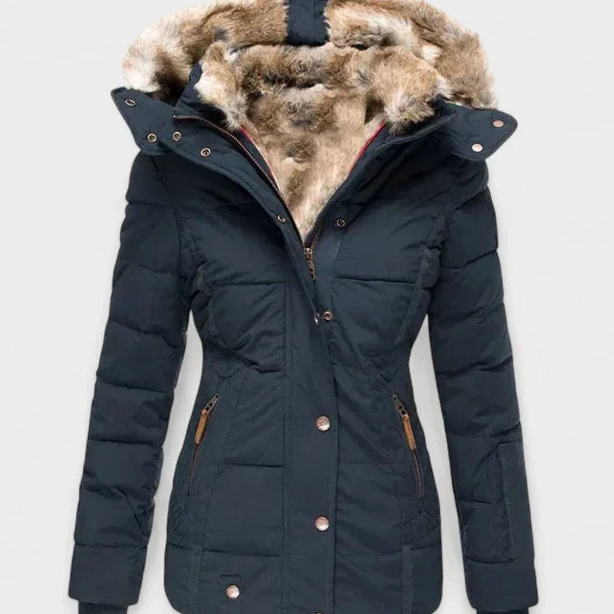 Women's winter jacket with faux-fur-lined hood, zip front, and side pockets, by Homixa. Warm, stylish outerwear for cold weather.