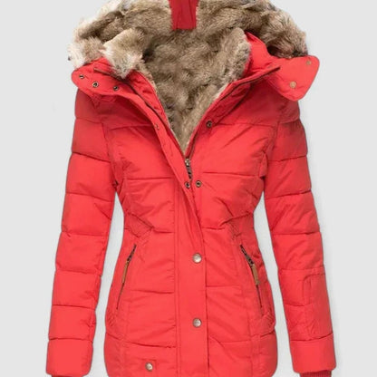 Women's winter jacket with faux-fur-lined hood, zip front, and side pockets by Homixa, ideal for cold weather.