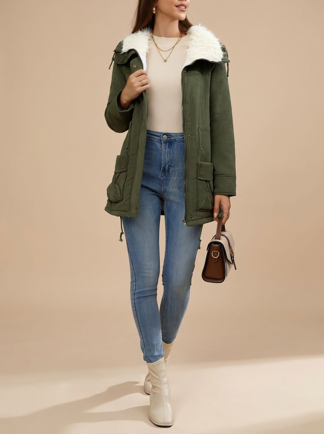 Women's Homixa winter parka with sherpa collar, drawstring waist, and front pockets, lined for warmth and winter style.