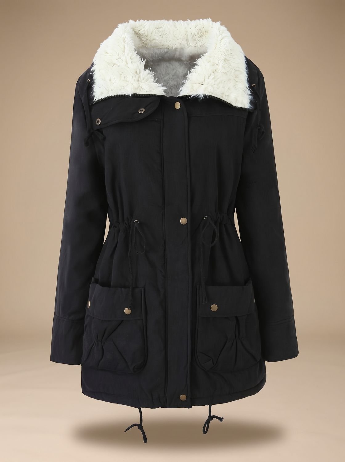 Women's Homixa winter parka with sherpa collar, drawstring waist, and front pockets, perfect for cold weather.