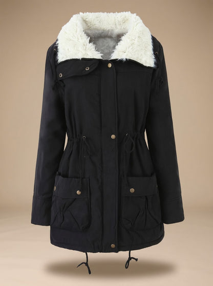 Women's Homixa winter parka with sherpa collar, drawstring waist, and front pockets, perfect for cold weather.