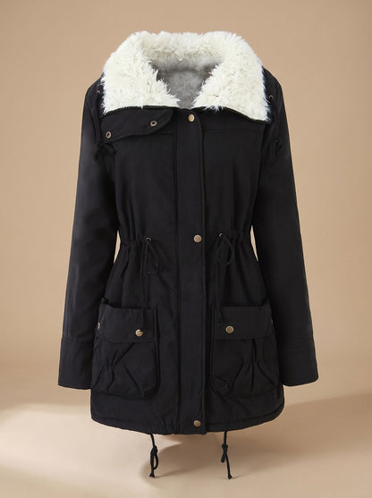Women’s Homixa winter parka with sherpa collar, drawstring waist, and front pockets, showcasing a cozy lined winter coat.