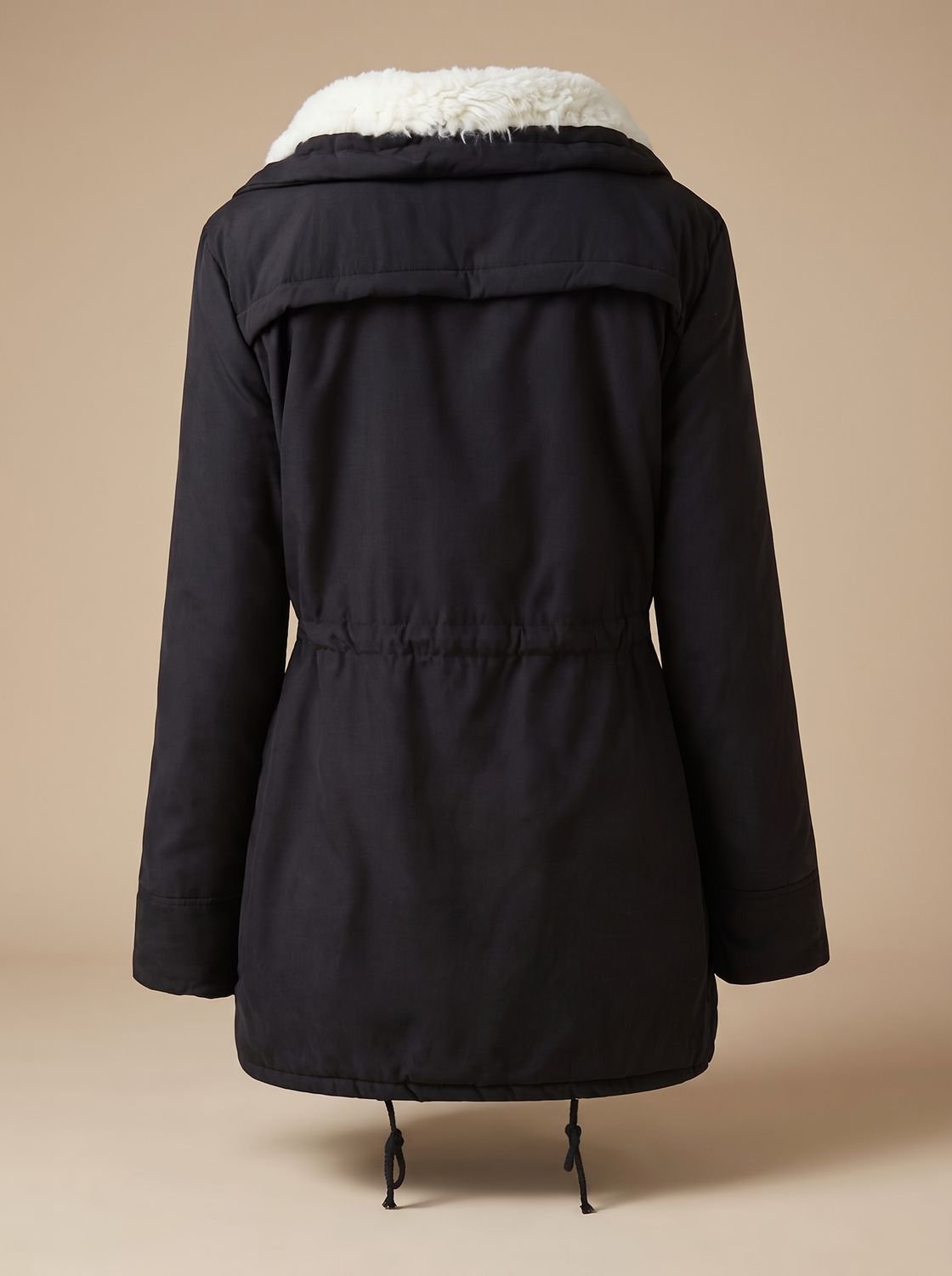 Women's Homixa winter parka with sherpa collar, drawstring waist, and front pockets, ideal for cold weather.