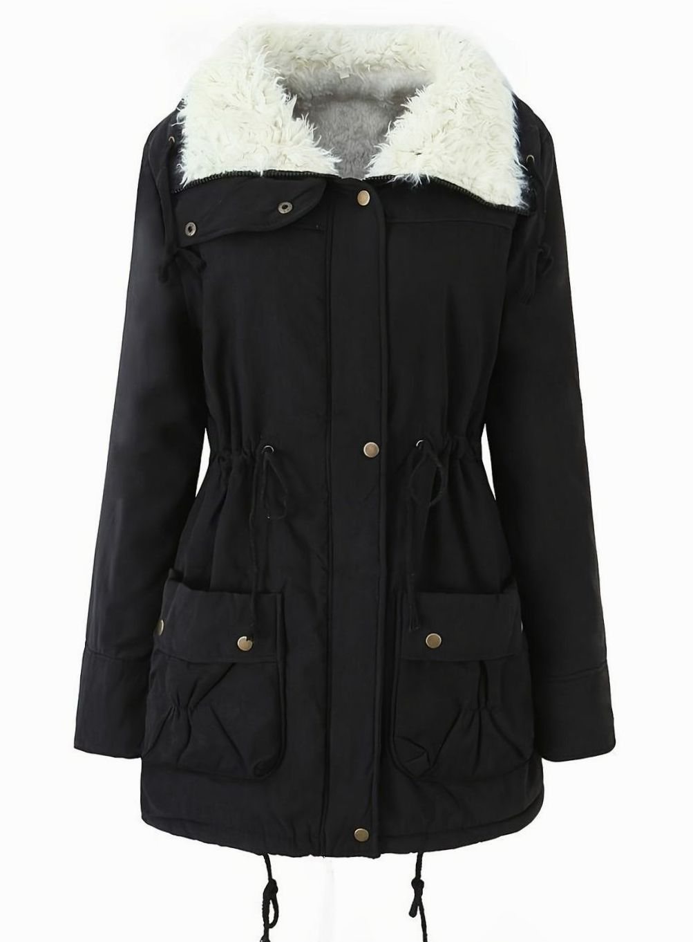 Women's lined winter parka by Homixa with teddy collar and adjustable drawstring waist, suitable for cold weather.