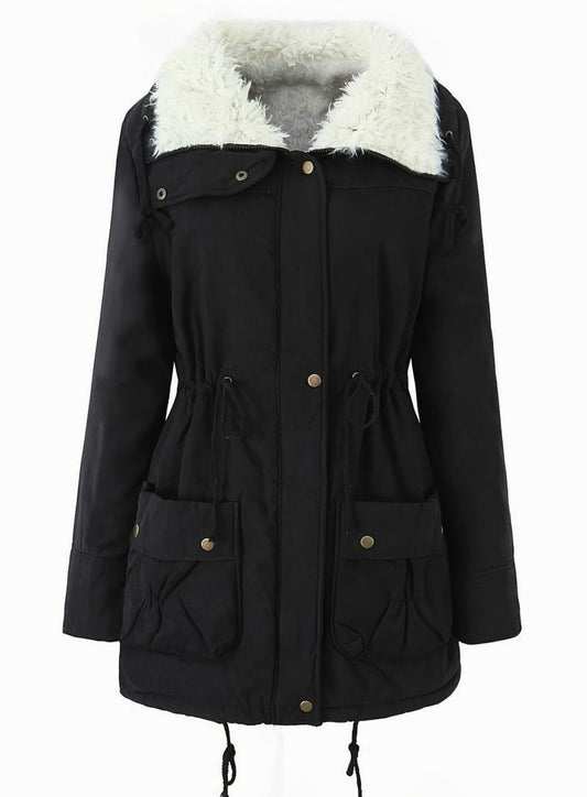 Women's lined winter parka by Homixa with teddy collar and adjustable drawstring waist, suitable for cold weather.