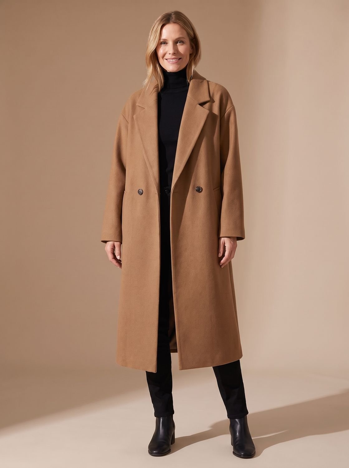 Women’s long double-breasted overcoat with wide notched lapel collar by Homixa, shown hanging on a wooden hanger.