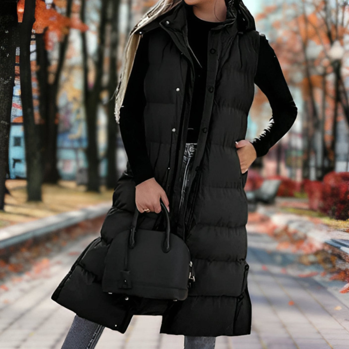 Women's long hooded puffer vest by Homixa with quilted design, side pockets, and a cinched waist, perfect for layered winter style.