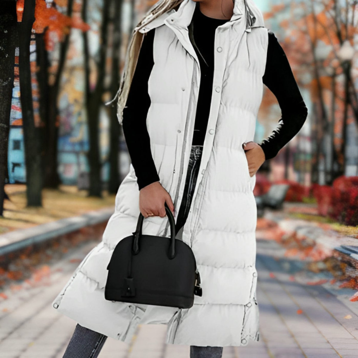 Women's long hooded puffer vest by Homixa with quilted design, side pockets, and a cinched waist for a stylish winter look.