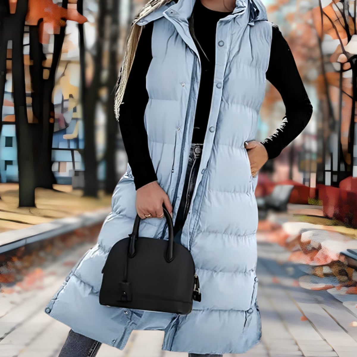 Women's long hooded puffer vest by Homixa featuring quilted design, side pockets, and a cinched waist for a stylish winter look.