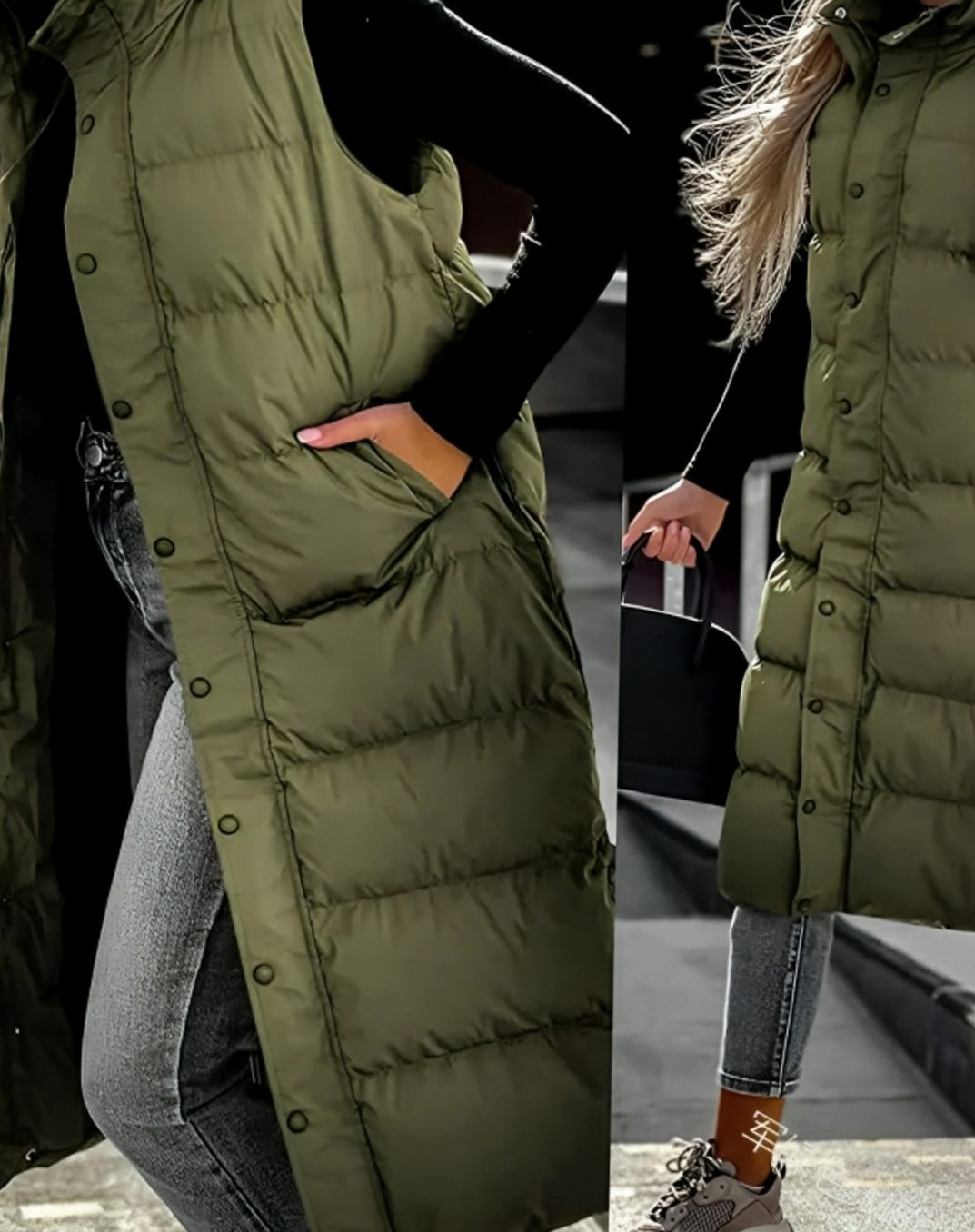Women's long hooded puffer vest by Homixa with quilted design, side pockets, and a cinched waist, ideal for cold weather.
