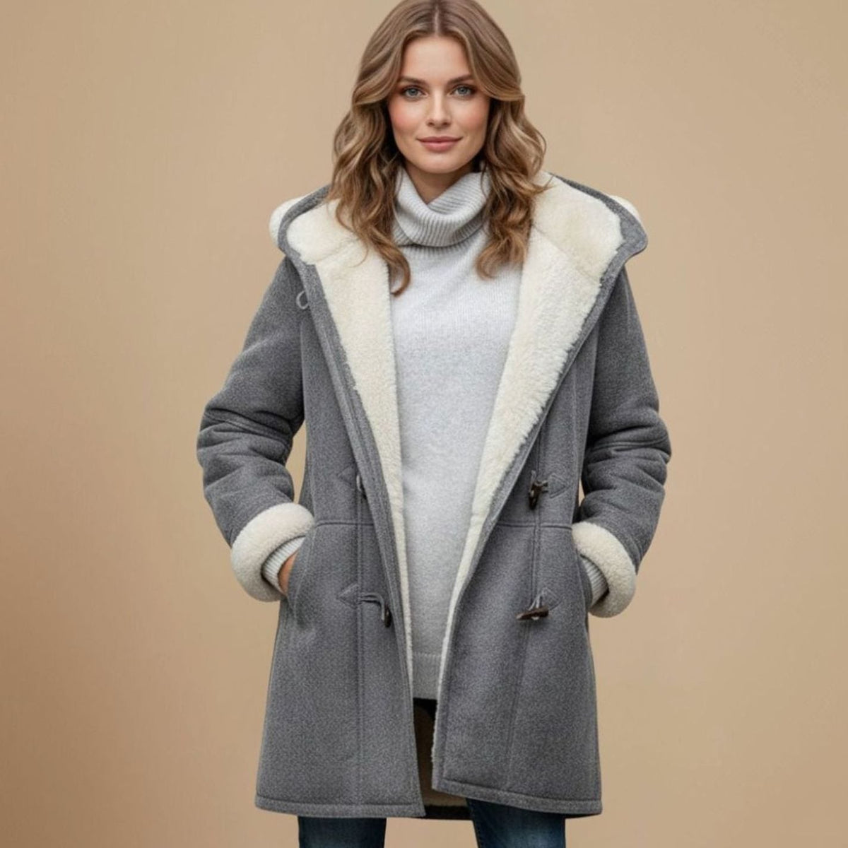 Women's long hooded winter duffle coat by Homixa with toggle buttons, cozy fit, and warm winter outerwear for women.