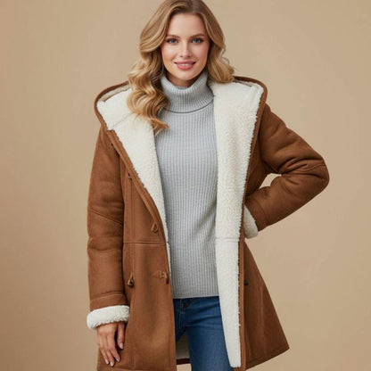 Women's long hooded winter duffle coat by Homixa with toggle buttons, regular fit, and cozy outerwear for cold weather.