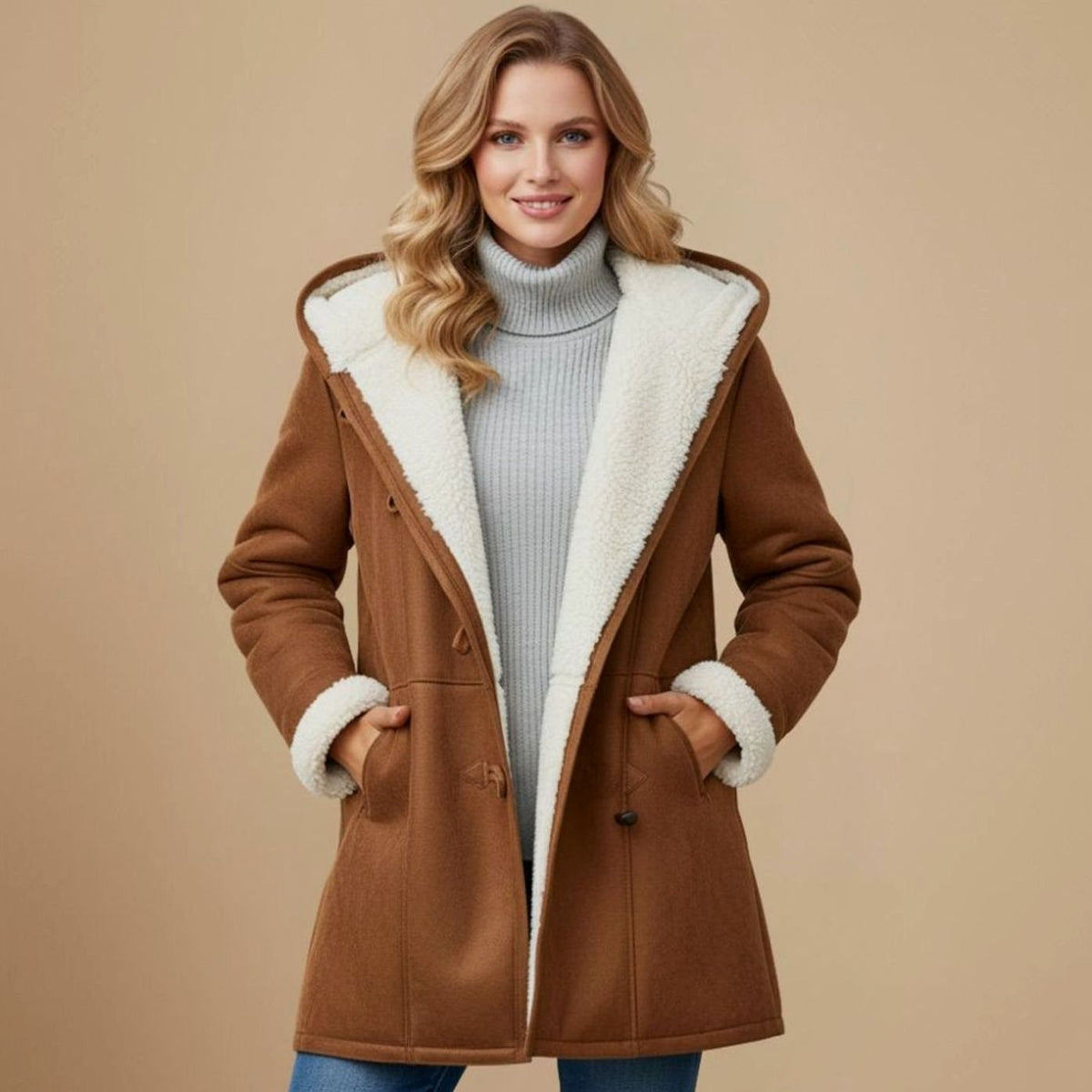 Women's long hooded winter duffle coat by Homixa with toggle buttons, warm insulation, and a regular fit, suitable for cold weather.