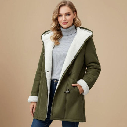 Women’s long hooded winter duffle coat by Homixa with toggle buttons, regular fit, warm and stylish for cold weather.