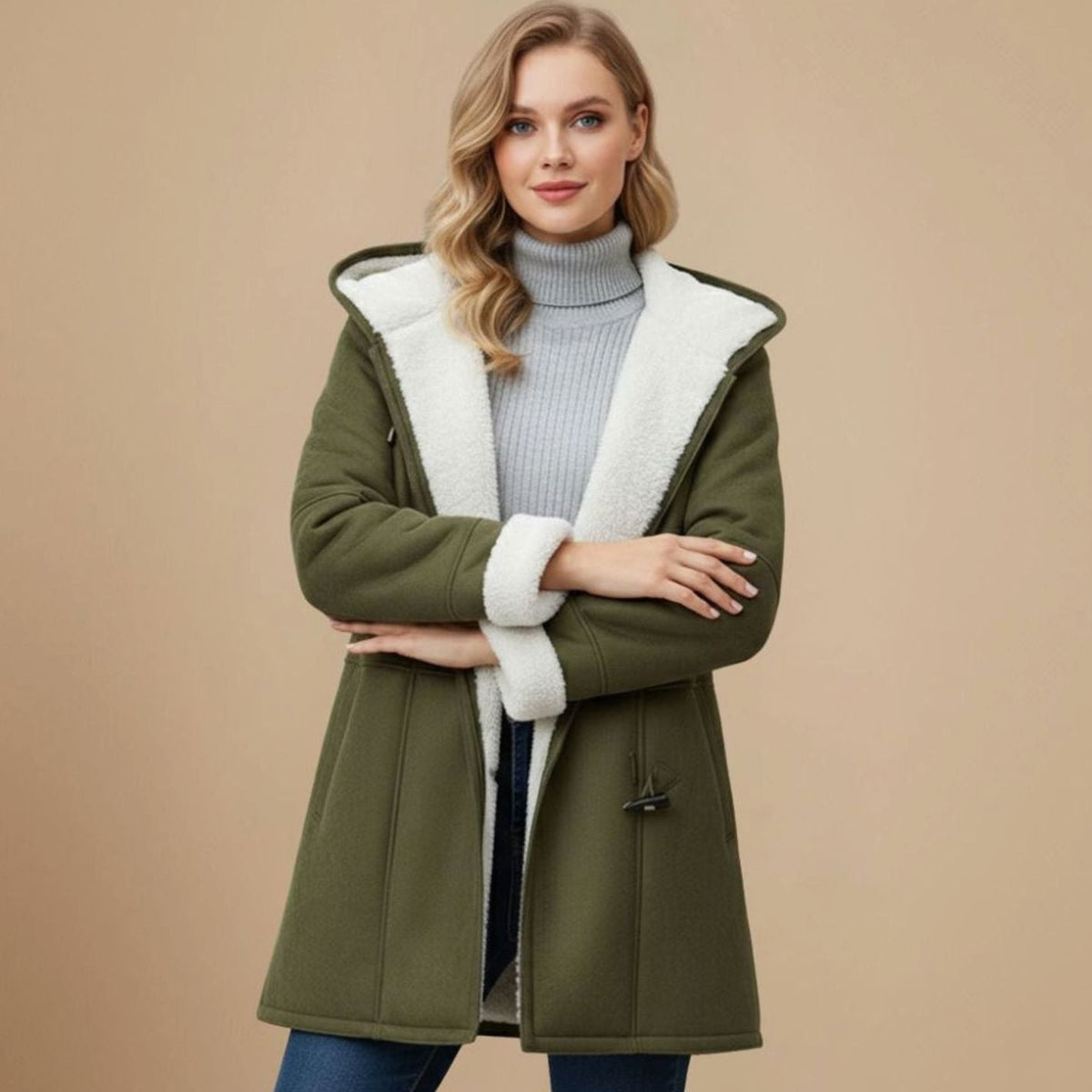 Women's long hooded winter duffle coat by Homixa with toggle buttons and a regular fit, perfect for cold weather.