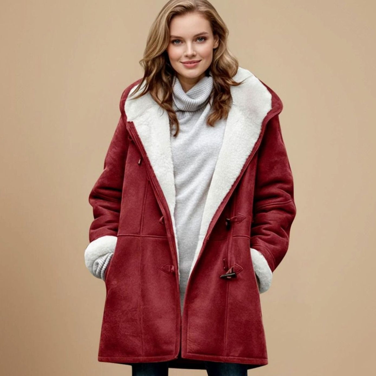 Women's long hooded winter duffle coat by Homixa with toggle buttons, regular fit, cozy warm outerwear for cold weather.
