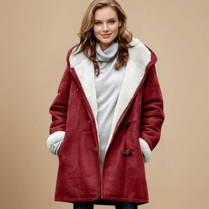 Women's long hooded winter duffle coat by Homixa with toggle buttons, regular fit, cozy warm outerwear for cold weather.