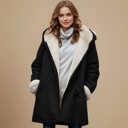 Women's long hooded winter duffle coat by Homixa with toggle buttons, regular fit, warm winter outerwear for women.