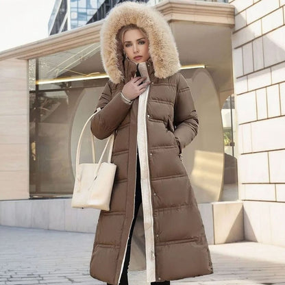 Homixa women's long hooded winter parka with water- and wind-repellent outer shell, designed for cold weather and outdoor protection.