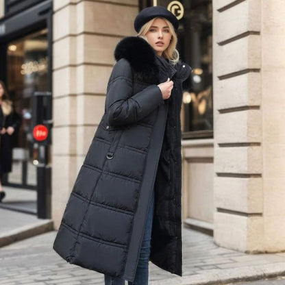 Homixa women's long hooded winter parka with water- and wind-repellent outer shell, cozy and stylish for cold weather.