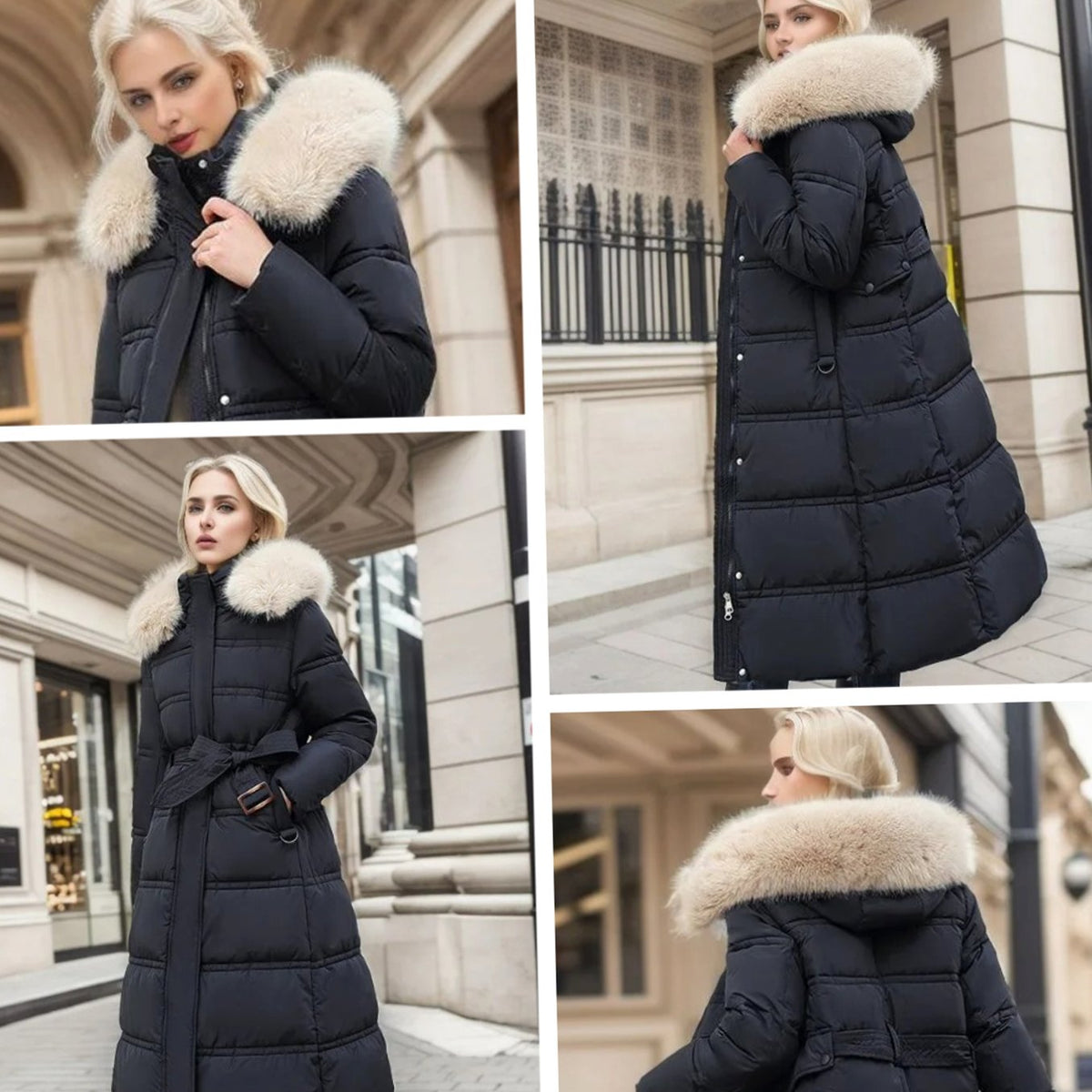 Women's long winter parka by Homixa with hood, water- and wind-repellent outer shell, ideal for cold weather.