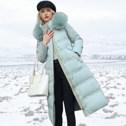Women's long hooded winter parka by Homixa with water- and wind-repellent outer shell, featuring a cozy, insulated design.