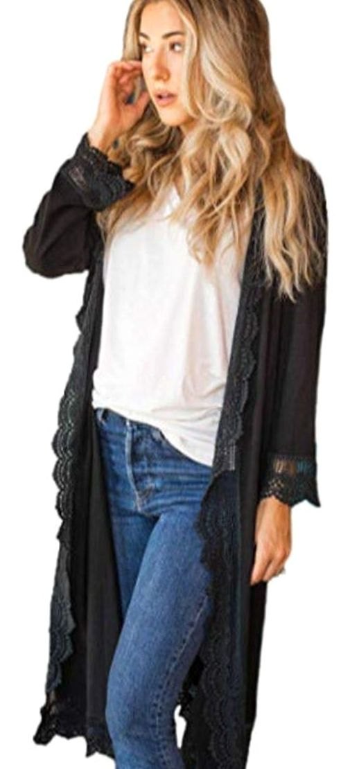 Women's long open-front cardigan by Homixa with lace trim, wide sleeves, and a relaxed fit, shown draped over a casual outfit.