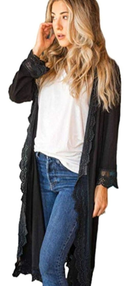 Women's long open-front cardigan by Homixa with lace trim, wide sleeves, and a relaxed fit, shown draped over a casual outfit.