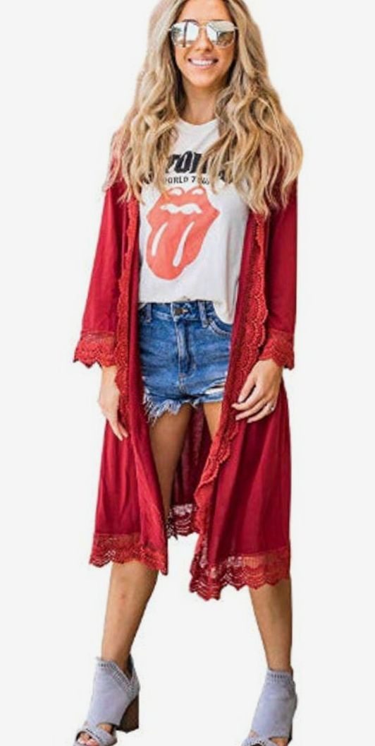 Homixa women's long open-front cardigan with lace trim, wide sleeves, and a relaxed fit, shown draped over a casual outfit.