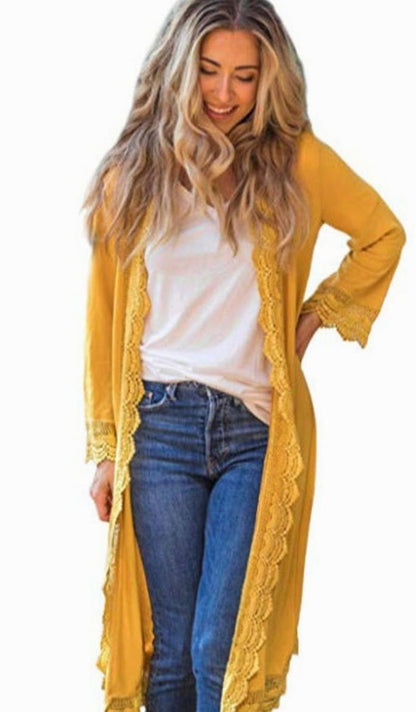 Homixa women's long open-front cardigan with lace trim, wide sleeves, and a relaxed fit, shown hanging with a soft drape.