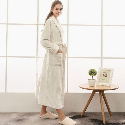 Women's long plush fleece lounge robe by Homixa with adjustable belt and two front pockets, cozy and comfortable for relaxing.