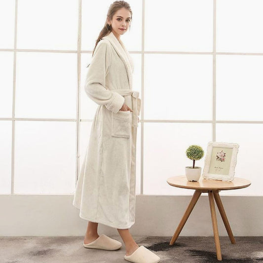 Women's long plush fleece lounge robe by Homixa with adjustable belt and two front pockets, cozy and comfortable for relaxing.