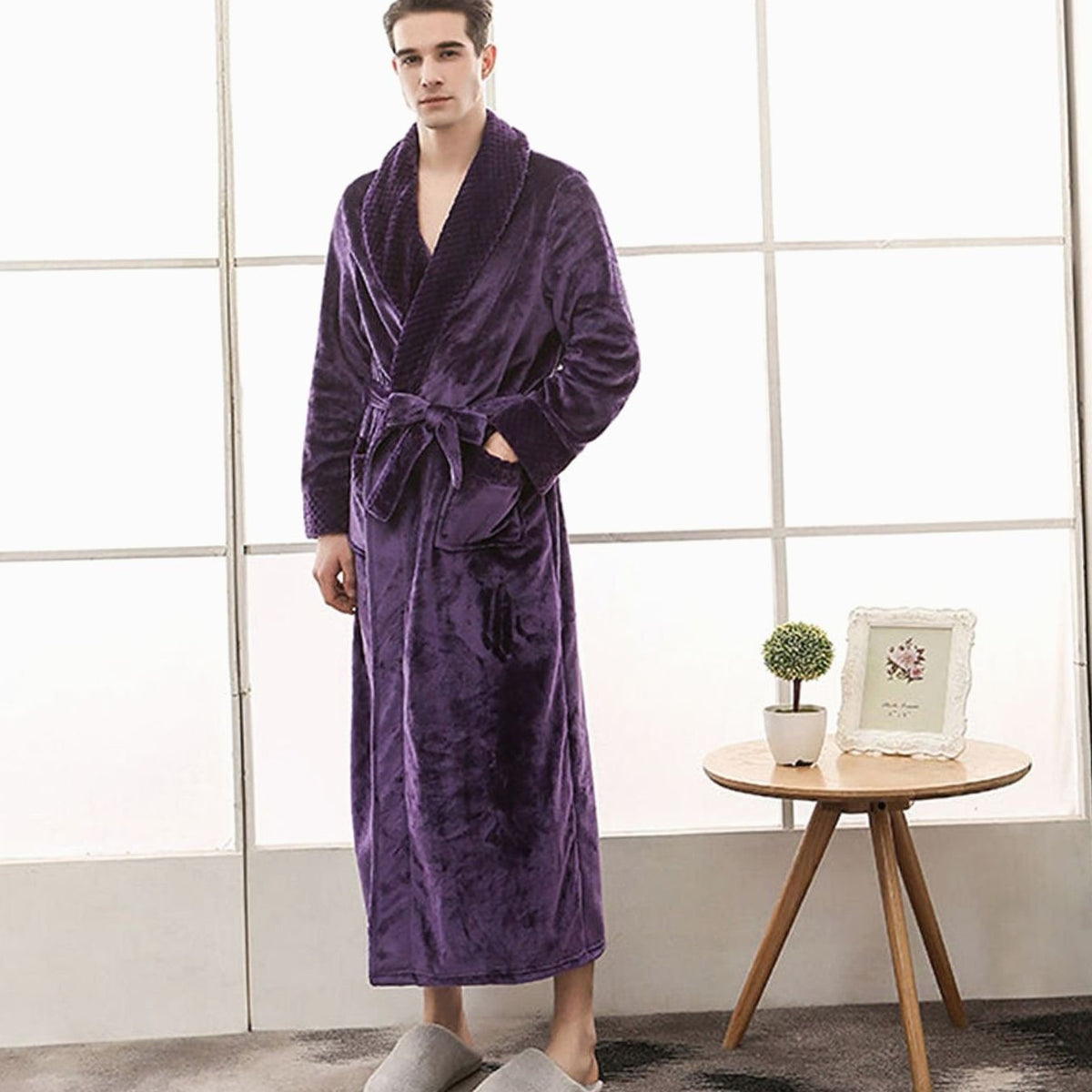 Women's long plush fleece lounge robe by Homixa with adjustable belt and two front pockets, cozy and comfortable for relaxing.