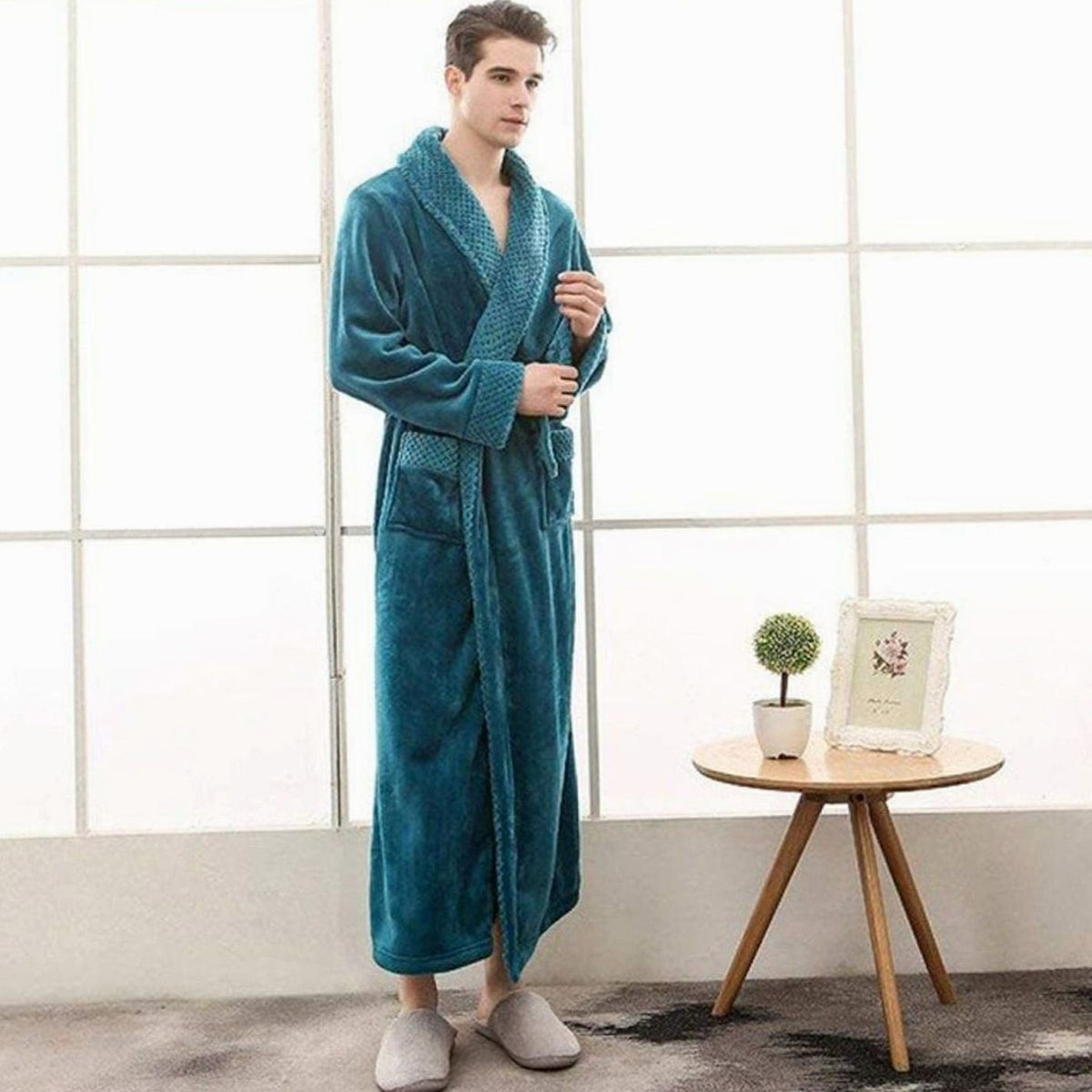 Women’s long plush fleece lounge robe by Homixa with adjustable belt and two front pockets, cozy and comfortable for relaxing.