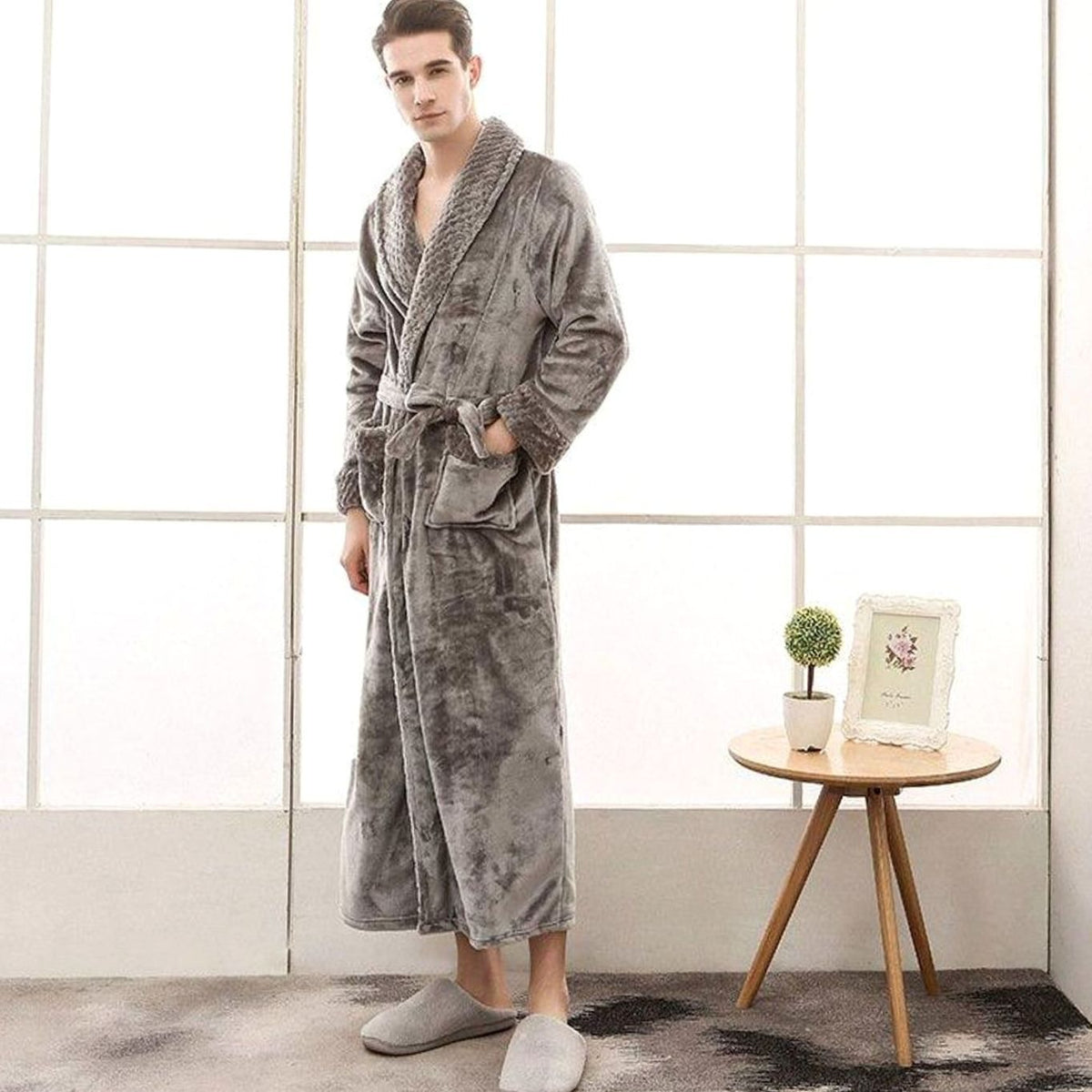 Women's long plush fleece lounge robe by Homixa with adjustable belt and two front pockets, cozy and comfortable for relaxing.