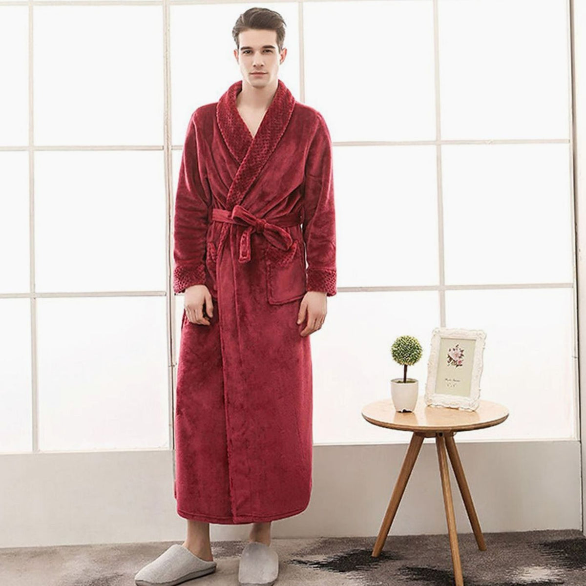 Women's long plush fleece lounge robe by Homixa with adjustable belt and two front pockets, cozy and comfortable for relaxing at home.