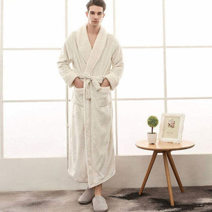 Women’s long plush fleece lounge robe by Homixa featuring an adjustable belt and two front pockets, perfect for cozy relaxation.