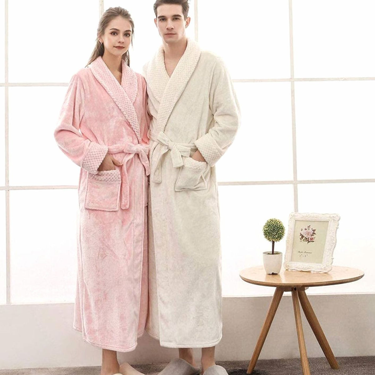 Women's long plush fleece lounge robe by Homixa with adjustable belt and two front pockets, cozy and comfortable for relaxing.