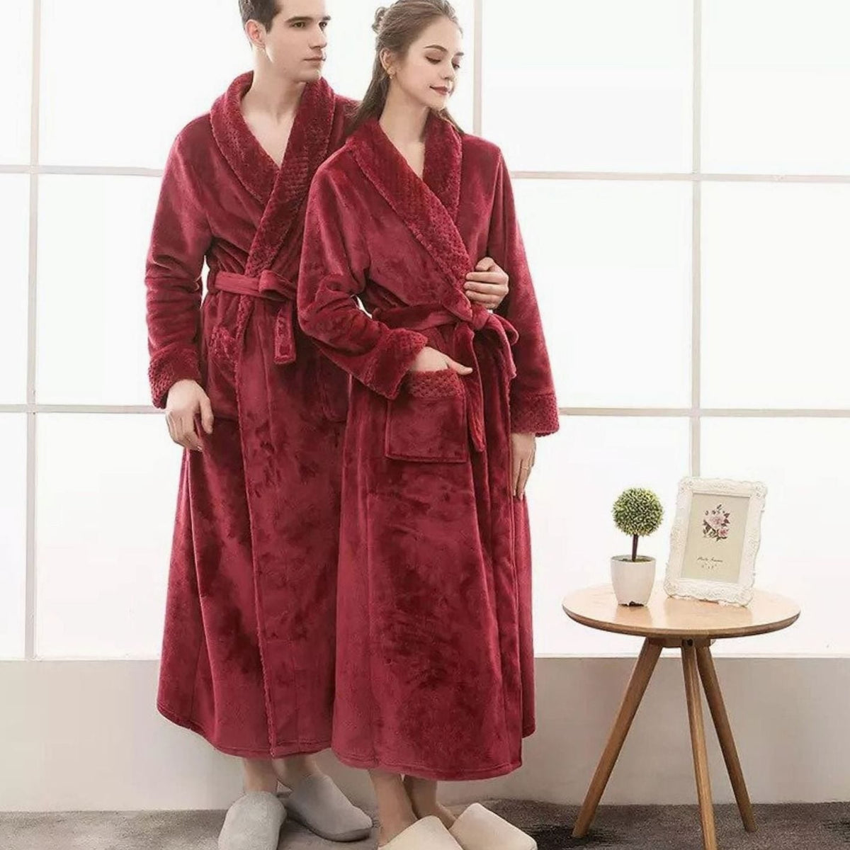 Women's long plush fleece lounge robe with adjustable belt and two front pockets, by Homixa, cozy and comfortable for relaxing.