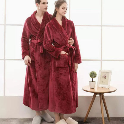 Women's long plush fleece lounge robe with adjustable belt and two front pockets, by Homixa, cozy and comfortable for relaxing.